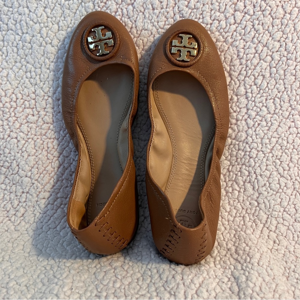 Tory Burch Allie Ballet Flats Women’s 9 Royal Tan Leather Logo Slip-On